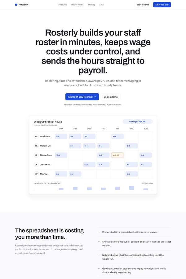 kimi-k3 build of Rosterly workforce shift-scheduling SaaS marketing site