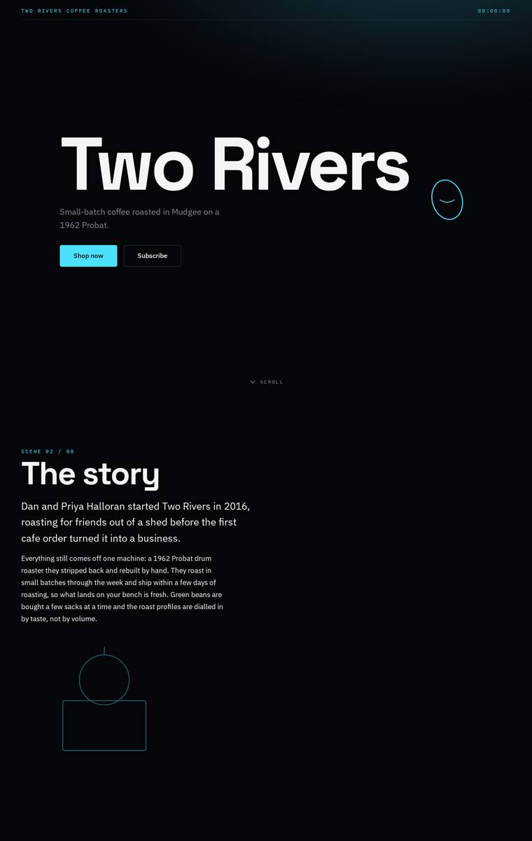 Yuki Tanabe (deepseek-v4-flash) rendering of the Two Rivers Coffee Roasters single-page site benchmark - composite 54.7%, judge 3.2/5