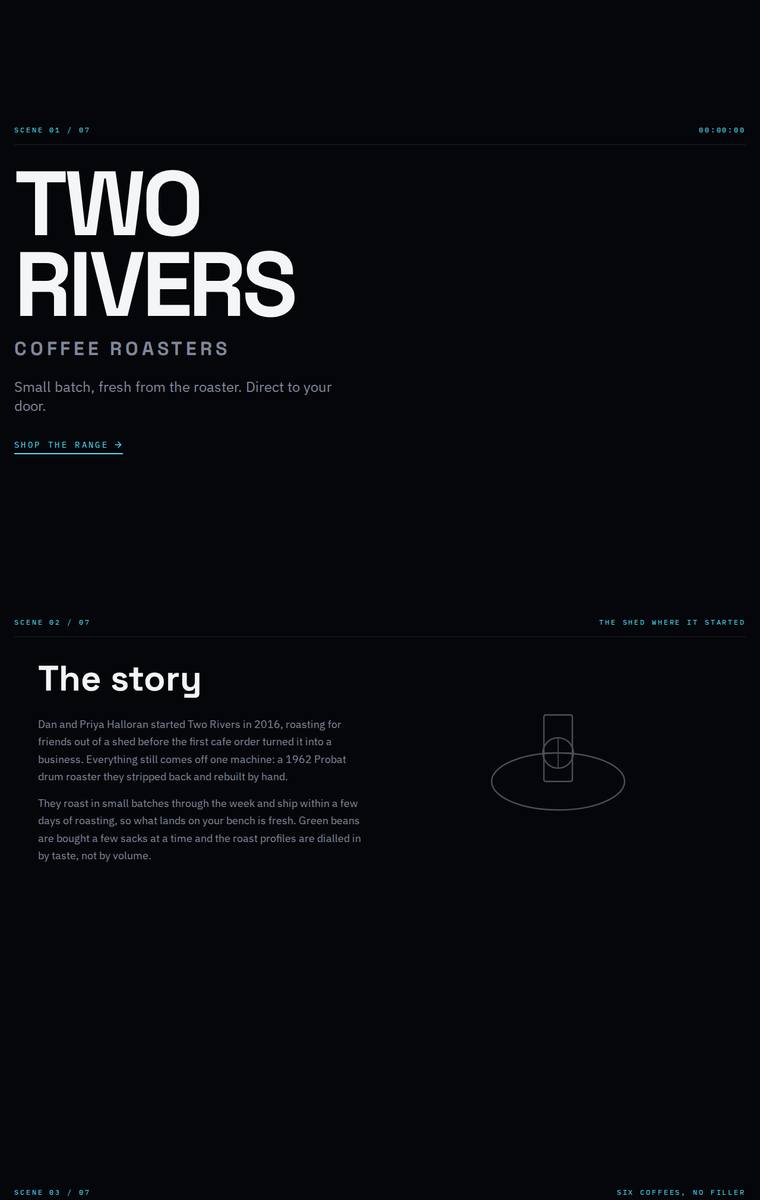 Yuki Tanabe (deepseek-v4-pro) rendering of the Two Rivers Coffee Roasters single-page site benchmark - composite 76.6%, judge 4.1/5