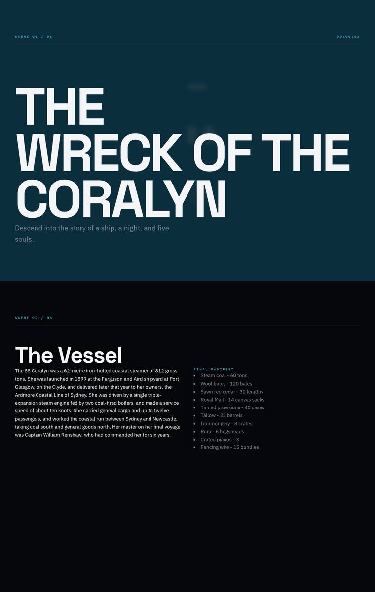 Yuki Tanabe (deepseek-v4-pro) webdesign output - The Wreck of the Coralyn maritime museum microsite