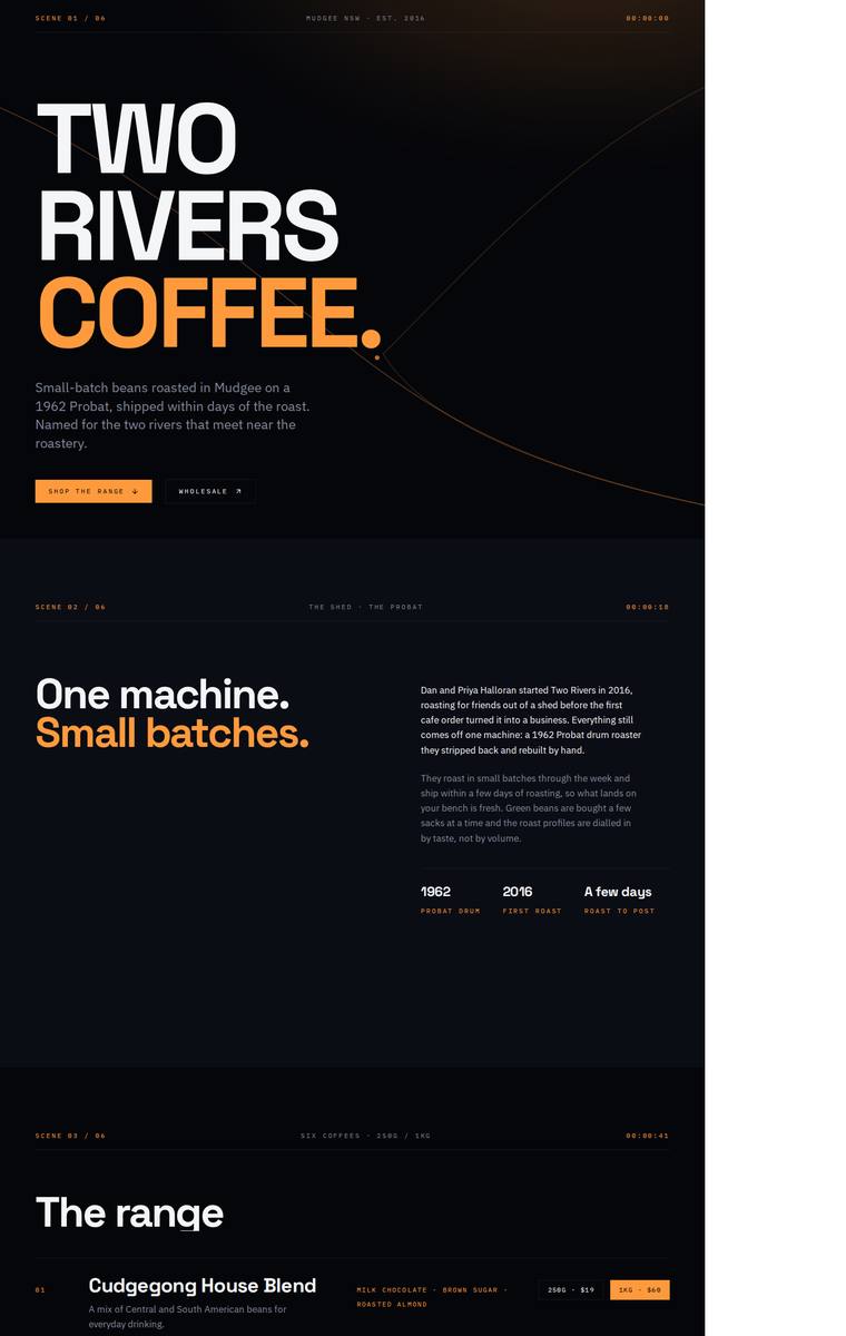 Yuki Tanabe (claude-fable-5) webdesign output - Two Rivers Coffee Roasters single-page site