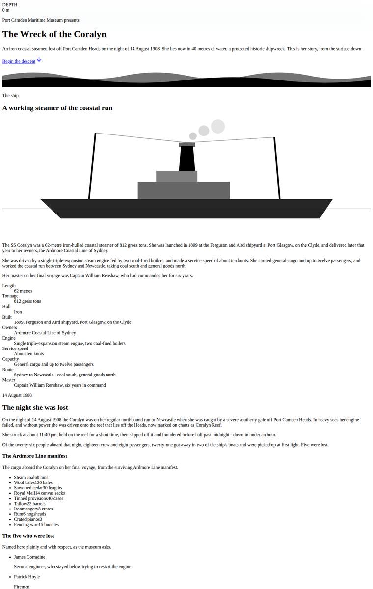 Yuki Tanabe (claude-fable-5) webdesign output - The Wreck of the Coralyn maritime museum microsite