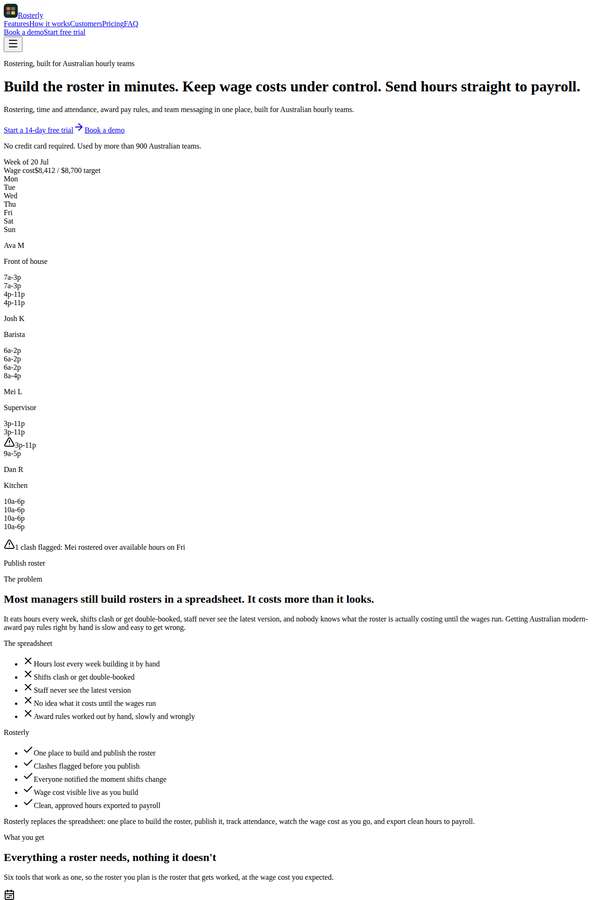 claude-fable-5 build of Rosterly workforce shift-scheduling SaaS marketing site