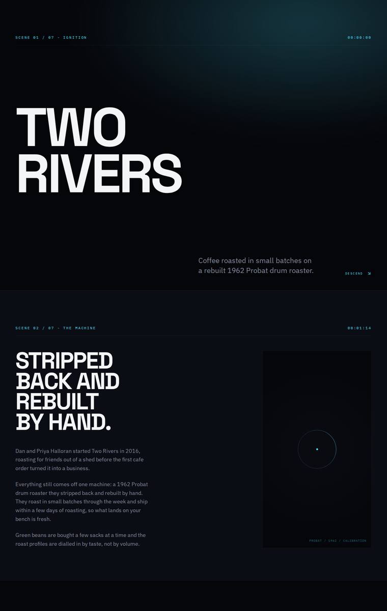 Yuki Tanabe (gemini-3.1-pro-preview) rendering of the Two Rivers Coffee Roasters single-page site benchmark - composite 82.8%, judge 4.3/5