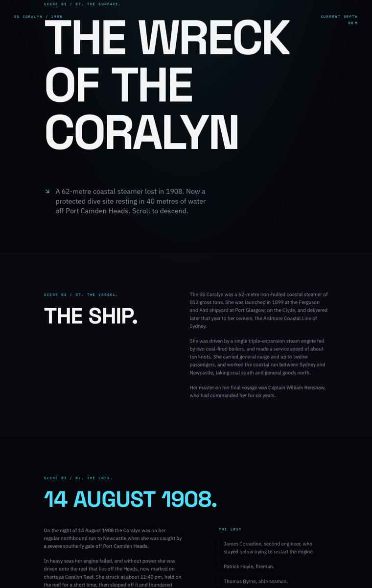 Yuki Tanabe (gemini-3.1-pro-preview) webdesign output - The Wreck of the Coralyn maritime museum microsite