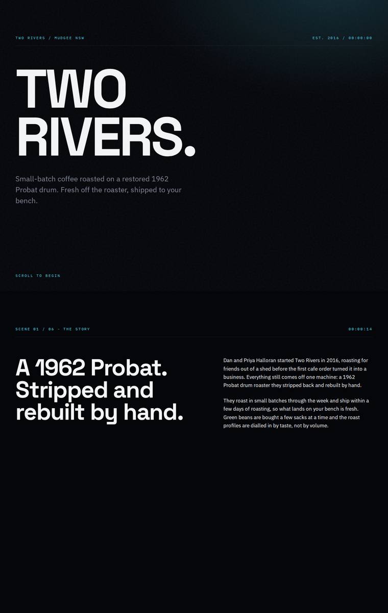 Yuki Tanabe (glm-5.2) rendering of the Two Rivers Coffee Roasters single-page site benchmark - composite 39.1%, judge 2.6/5