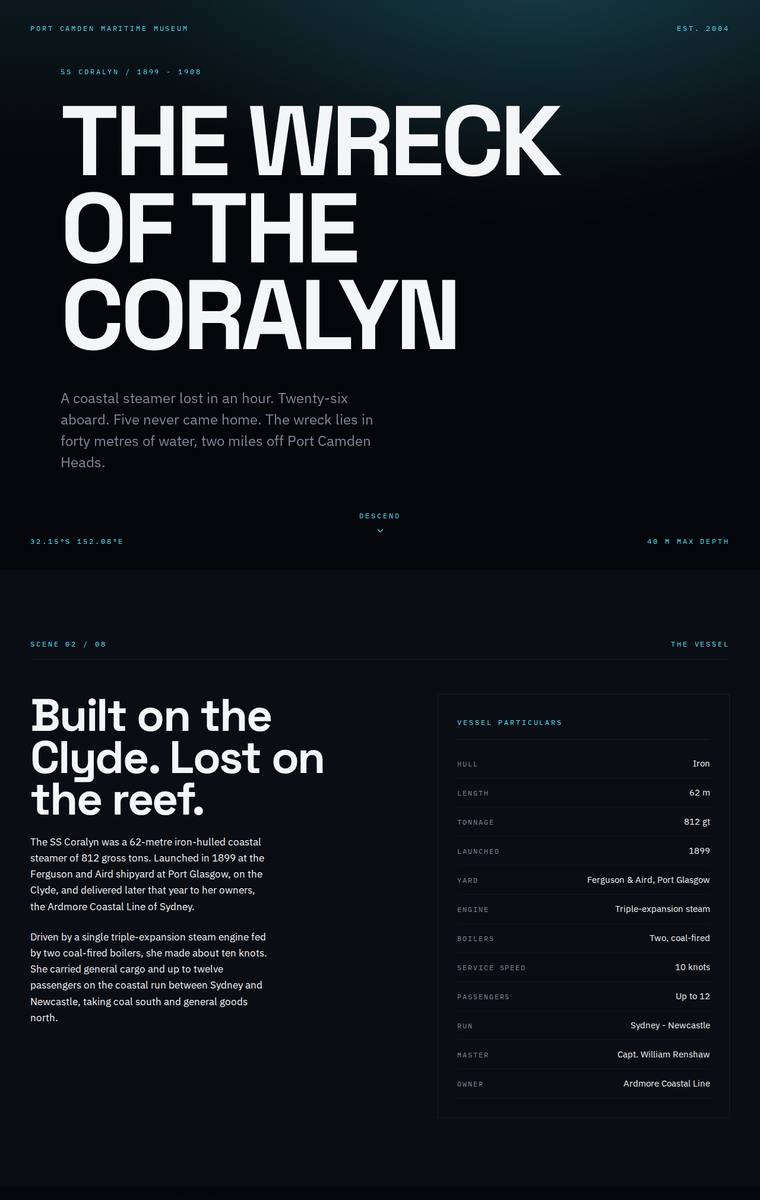 Yuki Tanabe (glm-5.2) webdesign output - The Wreck of the Coralyn maritime museum microsite