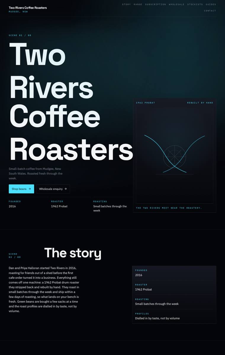 Yuki Tanabe (gpt-5.4-mini) rendering of the Two Rivers Coffee Roasters single-page site benchmark - composite 81.3%, judge 4.3/5