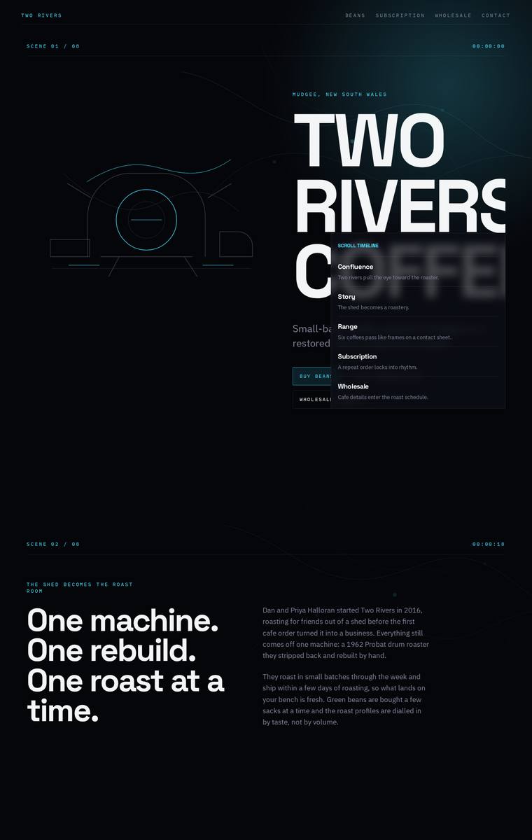 Yuki Tanabe (gpt-5.5) rendering of the Two Rivers Coffee Roasters single-page site benchmark - composite 71.9%, judge 3.9/5