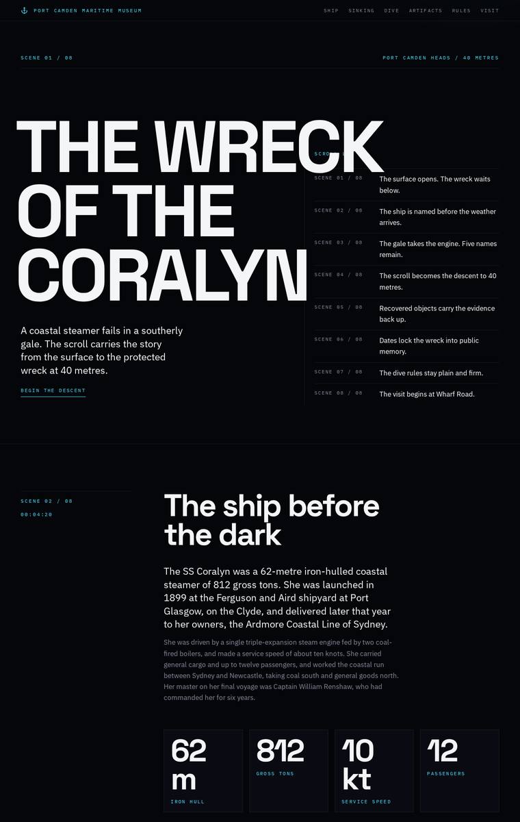Yuki Tanabe (gpt-5.5) webdesign output - The Wreck of the Coralyn maritime museum microsite