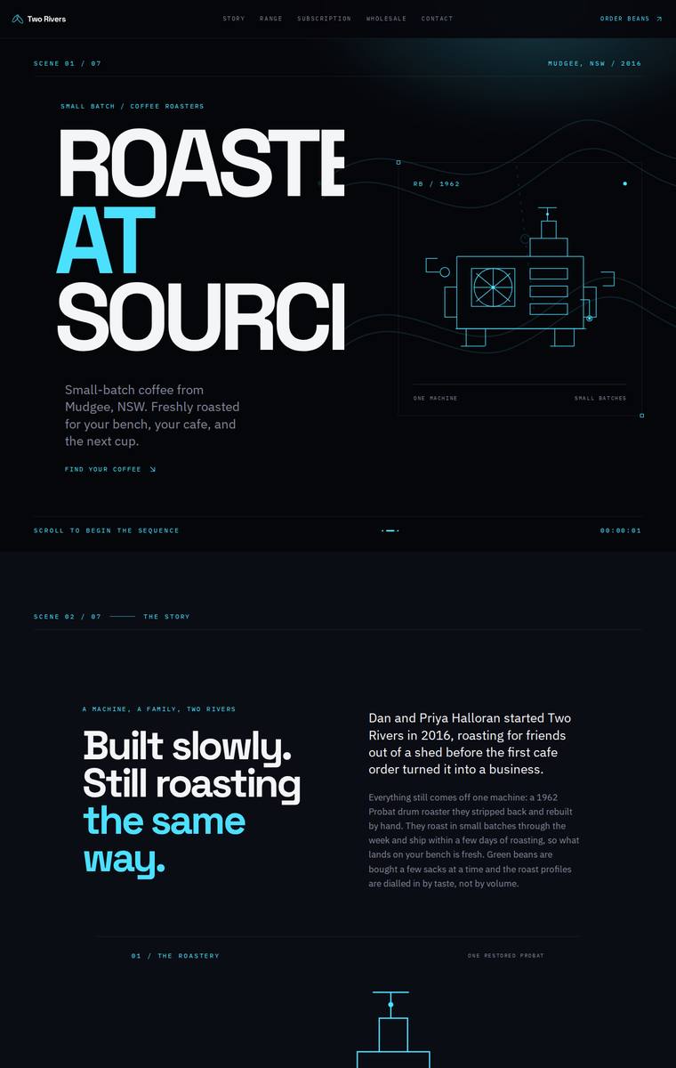 Yuki Tanabe (gpt-5.6-luna) webdesign output - Two Rivers Coffee Roasters single-page site