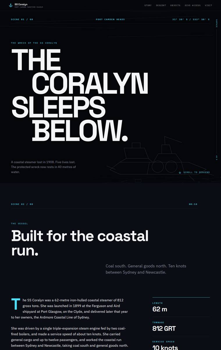 Yuki Tanabe (gpt-5.6-sol) webdesign output - The Wreck of the Coralyn maritime museum microsite