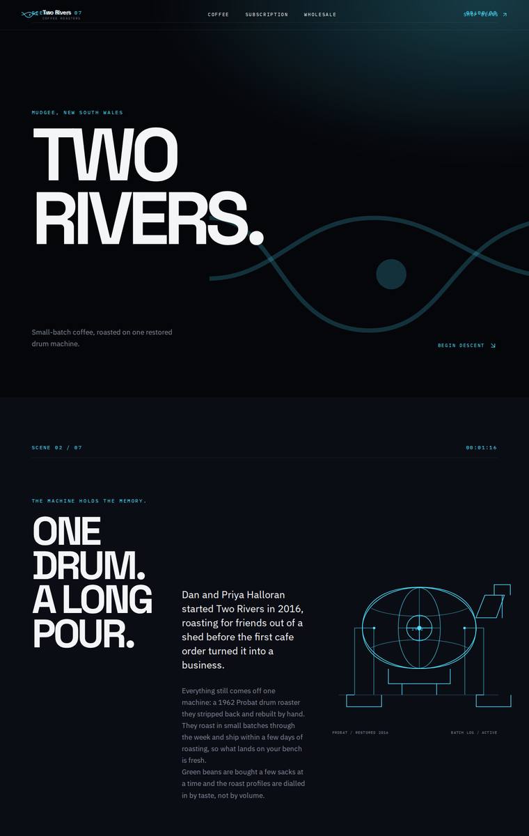 Yuki Tanabe (gpt-5.6-terra) webdesign output - Two Rivers Coffee Roasters single-page site