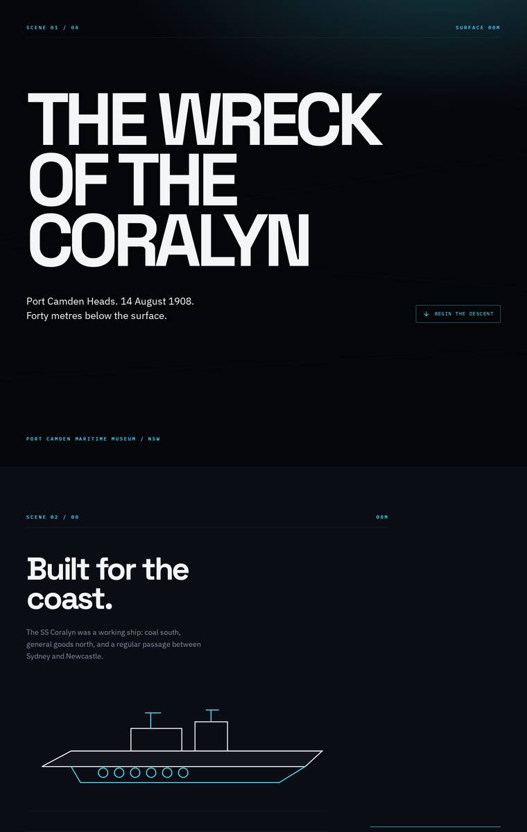 Yuki Tanabe (gpt-5.6-terra) webdesign output - The Wreck of the Coralyn maritime museum microsite