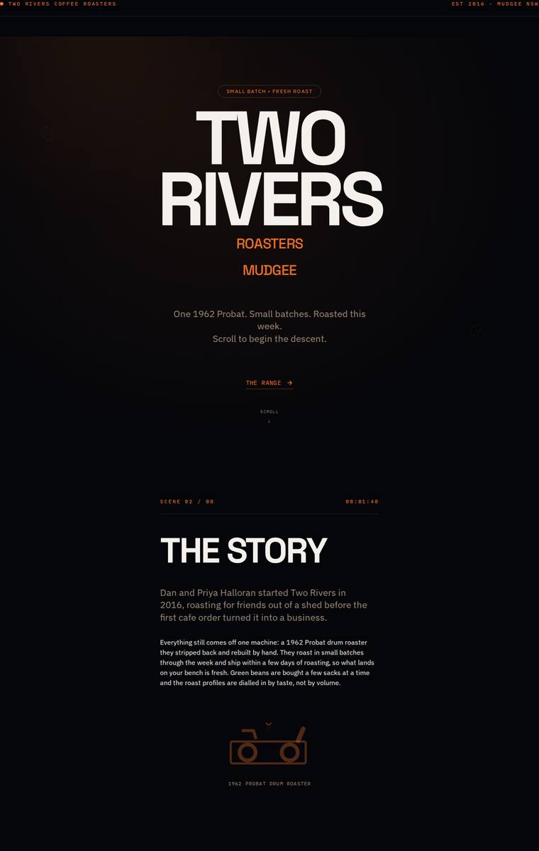 Yuki Tanabe (grok-4.20-reasoning) rendering of the Two Rivers Coffee Roasters single-page site benchmark - composite 81.3%, judge 4.3/5