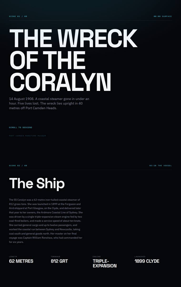 Yuki Tanabe (grok-4.20-reasoning) webdesign output - The Wreck of the Coralyn maritime museum microsite