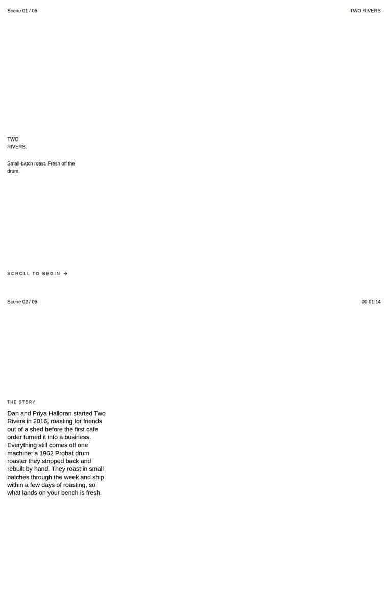 Yuki Tanabe (grok-4.3) rendering of the Two Rivers Coffee Roasters single-page site benchmark - composite 59.4%, judge 3.4/5