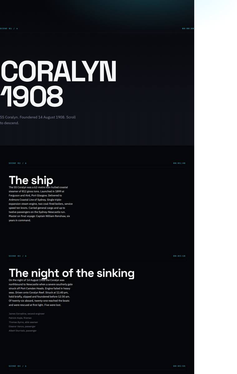 Yuki Tanabe (grok-4.3) webdesign output - The Wreck of the Coralyn maritime museum microsite