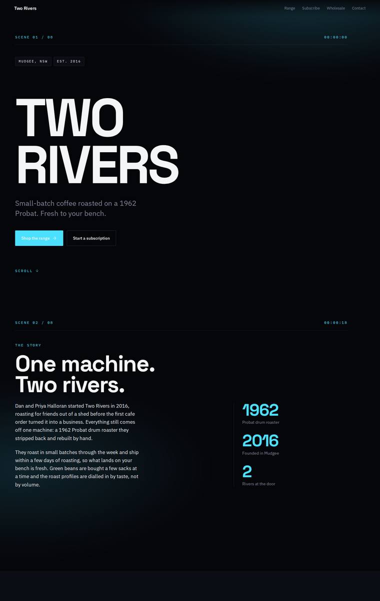 Yuki Tanabe (grok-4.5) rendering of the Two Rivers Coffee Roasters single-page site benchmark - composite 81.3%, judge 4.3/5