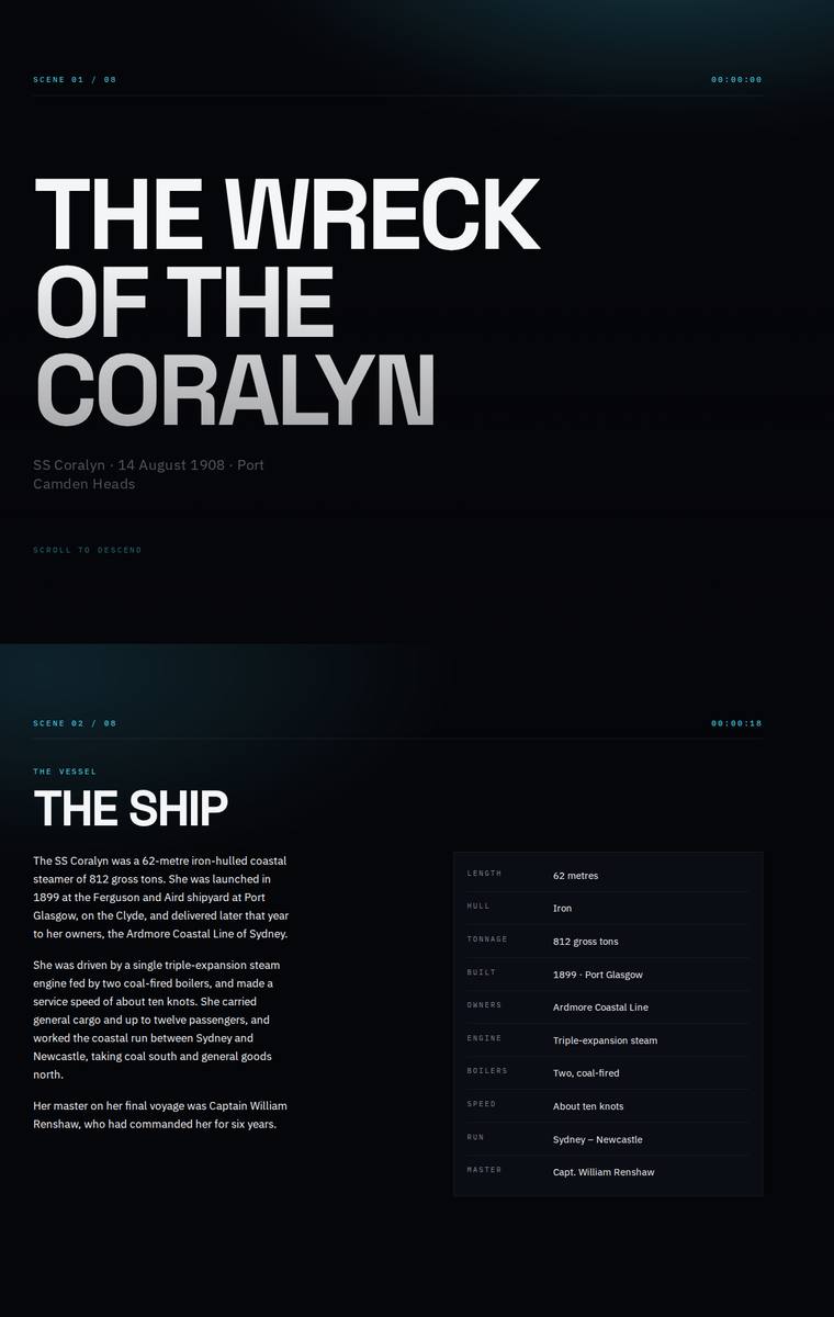 Yuki Tanabe (grok-4.5) webdesign output - The Wreck of the Coralyn maritime museum microsite