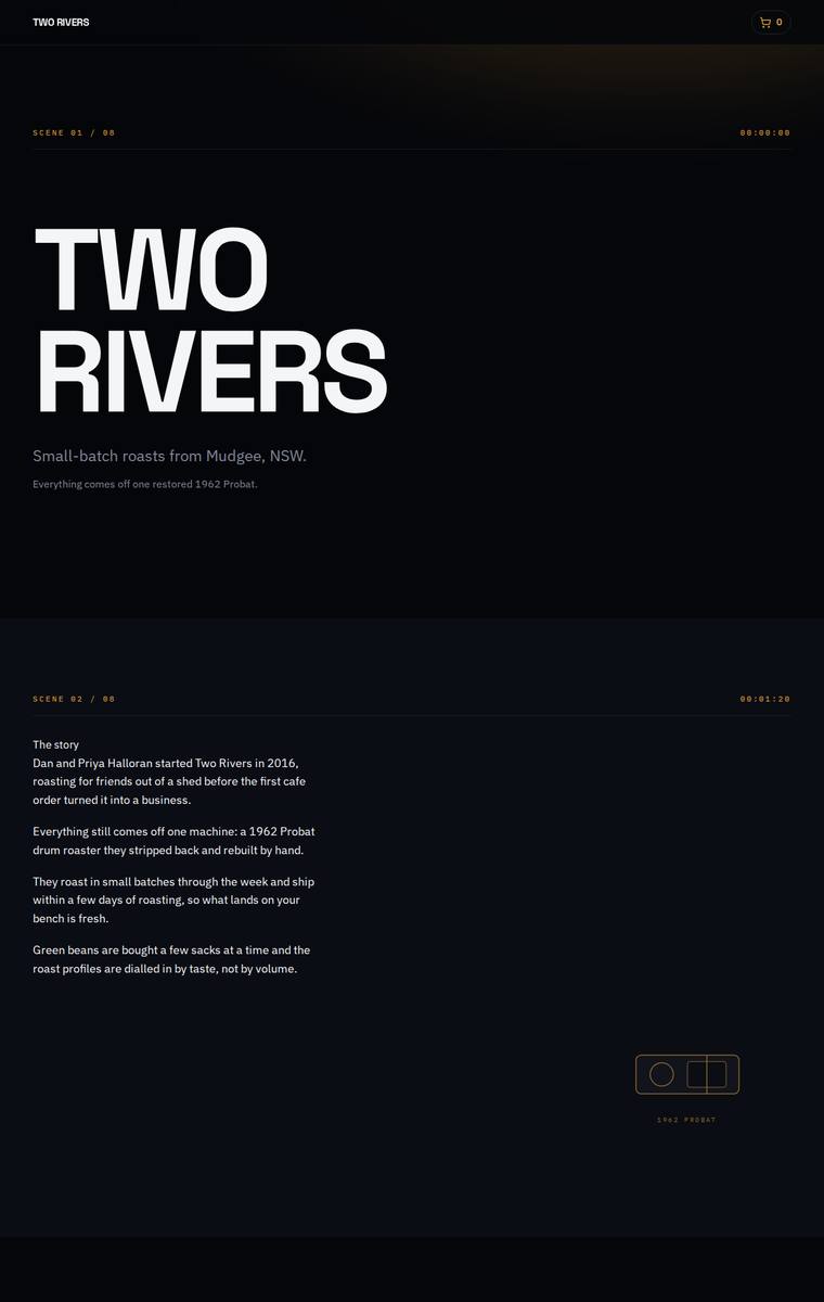 Yuki Tanabe (grok-build-0.1) rendering of the Two Rivers Coffee Roasters single-page site benchmark - composite 70.3%, judge 3.8/5