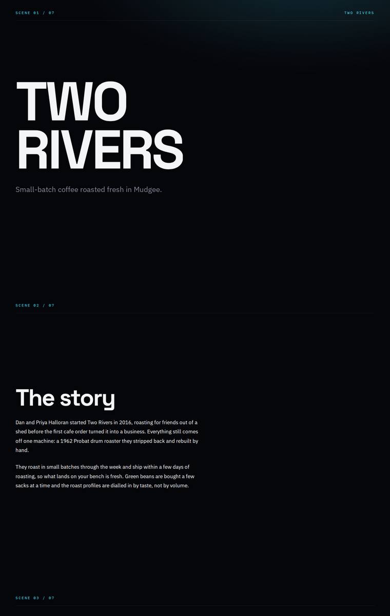 Yuki Tanabe (claude-haiku-4-5) rendering of the Two Rivers Coffee Roasters single-page site benchmark - composite 70.3%, judge 3.8/5