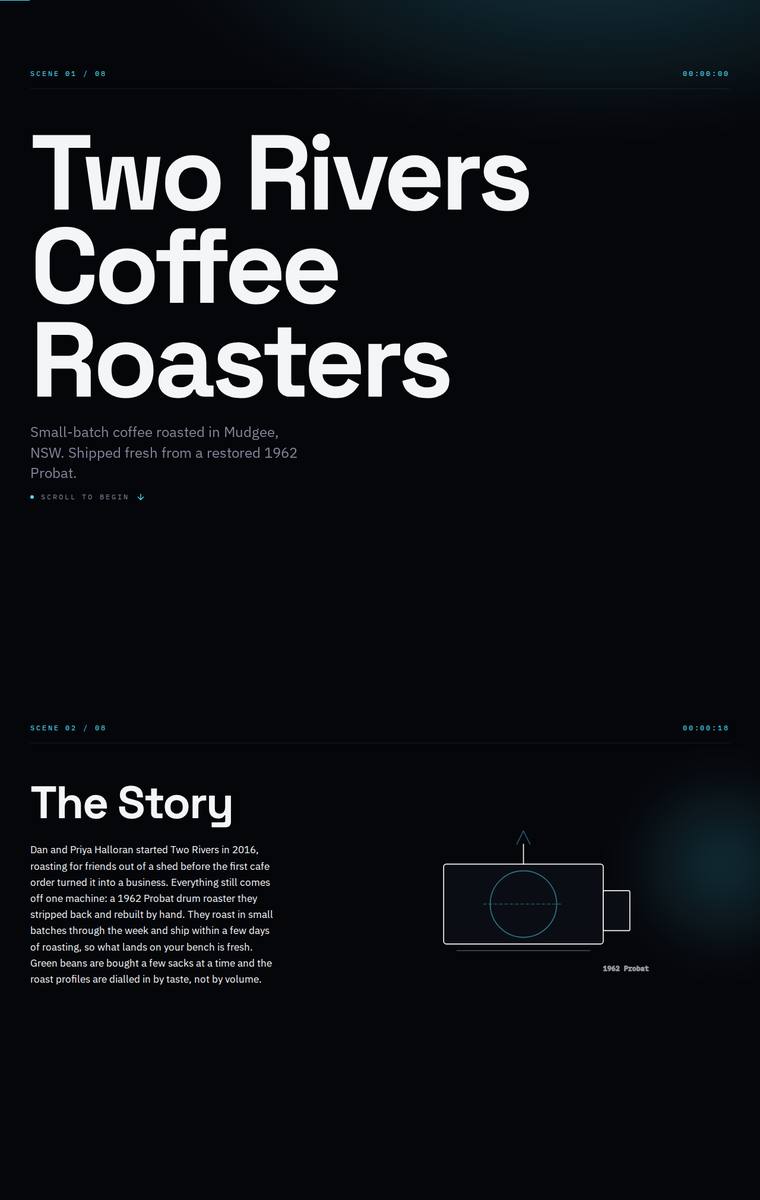 Yuki Tanabe (kimi-k2.7-code) rendering of the Two Rivers Coffee Roasters single-page site benchmark - composite 73.4%, judge 3.9/5