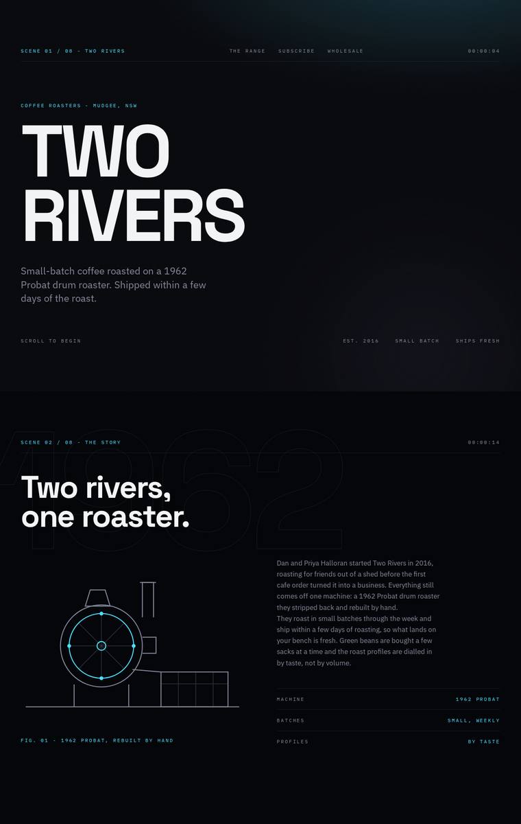 Yuki Tanabe (kimi-k3) rendering of the Two Rivers Coffee Roasters single-page site benchmark - composite 82.8%, judge 4.3/5