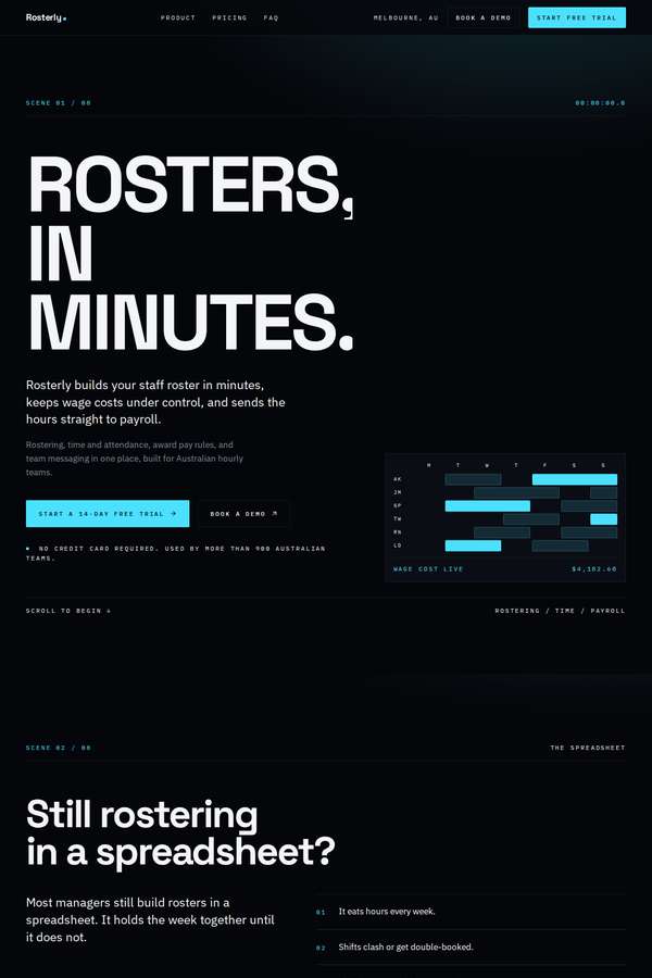 kimi-k3 build of Rosterly workforce shift-scheduling SaaS marketing site