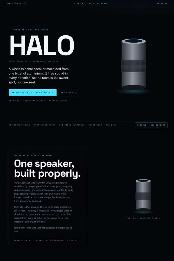 kimi-k3 build of Aurel Halo immersive 3D product-launch microsite