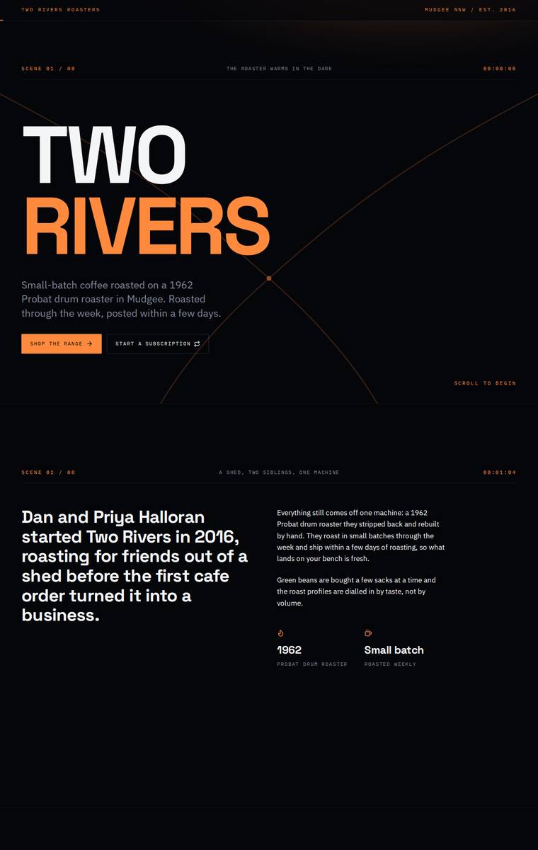Yuki Tanabe (claude-opus-4-8) rendering of the Two Rivers Coffee Roasters single-page site benchmark - composite 92.2%, judge 4.7/5
