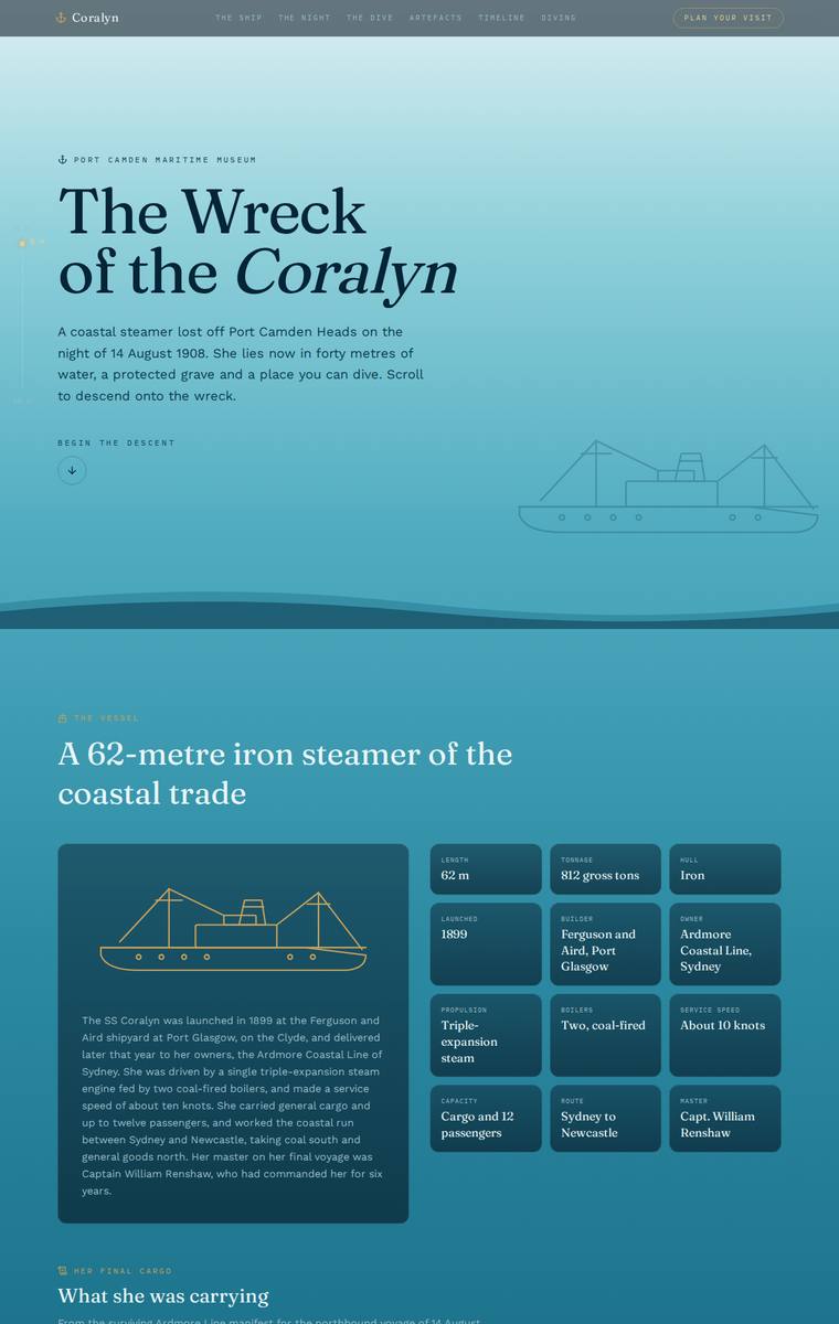 Yuki Tanabe (claude-opus-4-8) webdesign output - The Wreck of the Coralyn maritime museum microsite