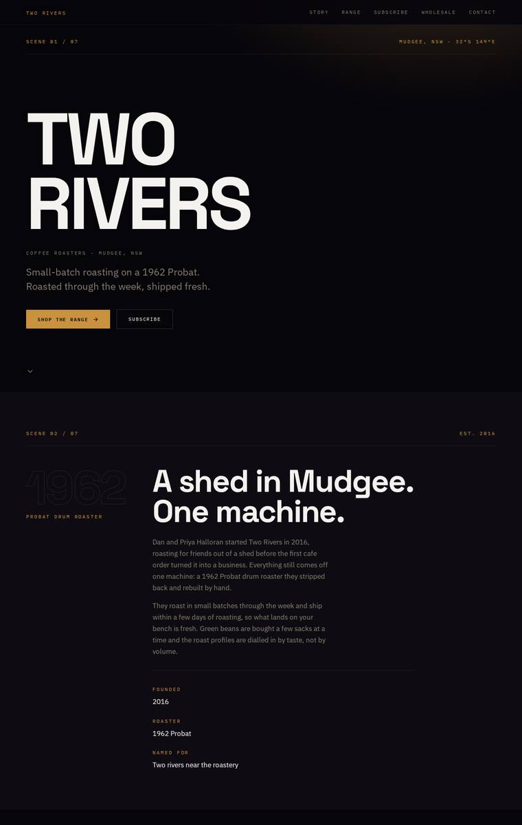 Yuki Tanabe (claude-sonnet-4-6) rendering of the Two Rivers Coffee Roasters single-page site benchmark - composite 89.1%, judge 4.6/5