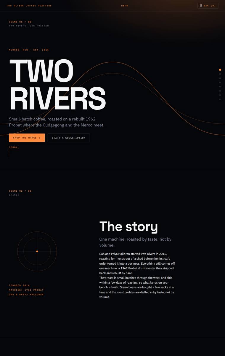 Yuki Tanabe (claude-sonnet-5) rendering of the Two Rivers Coffee Roasters single-page site benchmark - composite 87.5%, judge 4.5/5