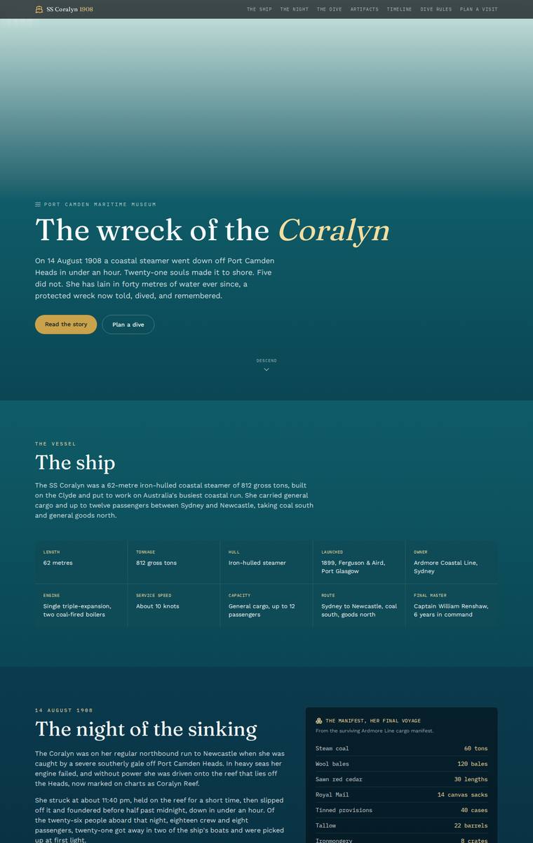 Yuki Tanabe (claude-sonnet-5) webdesign output - The Wreck of the Coralyn maritime museum microsite