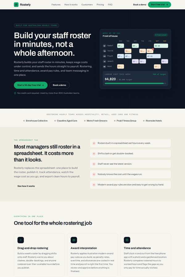Opus 4.8 build of Rosterly workforce shift-scheduling SaaS marketing site