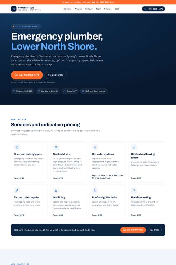 Opus 4.8 build of Northshore Rapid Plumbing local emergency service site