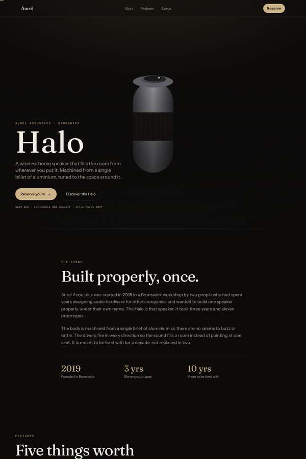 Opus 4.8 build of Aurel Halo immersive 3D product-launch microsite