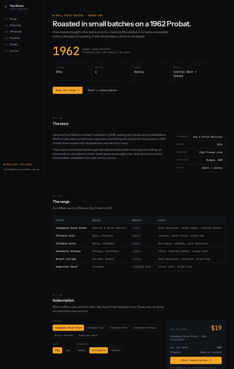 Elias Byrne (Opus 4.8) rendering of the Two Rivers Coffee Roasters single-page site benchmark - composite 82.8%, judge 4.3/5
