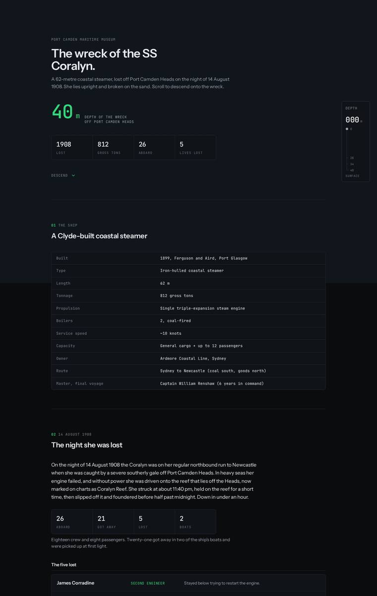 Elias Byrne (Opus 4.8) webdesign output - The Wreck of the Coralyn maritime museum microsite
