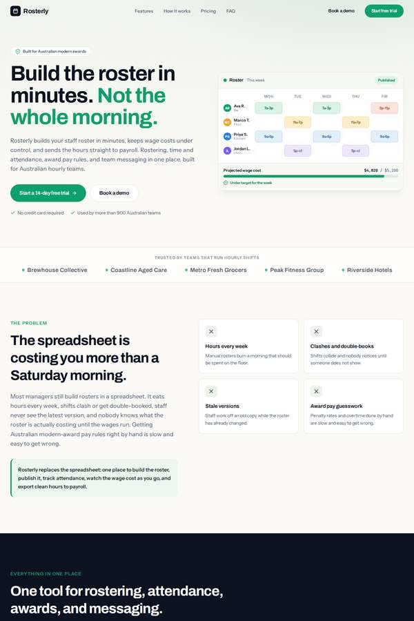 Opus 4.8 build of Rosterly workforce shift-scheduling SaaS marketing site