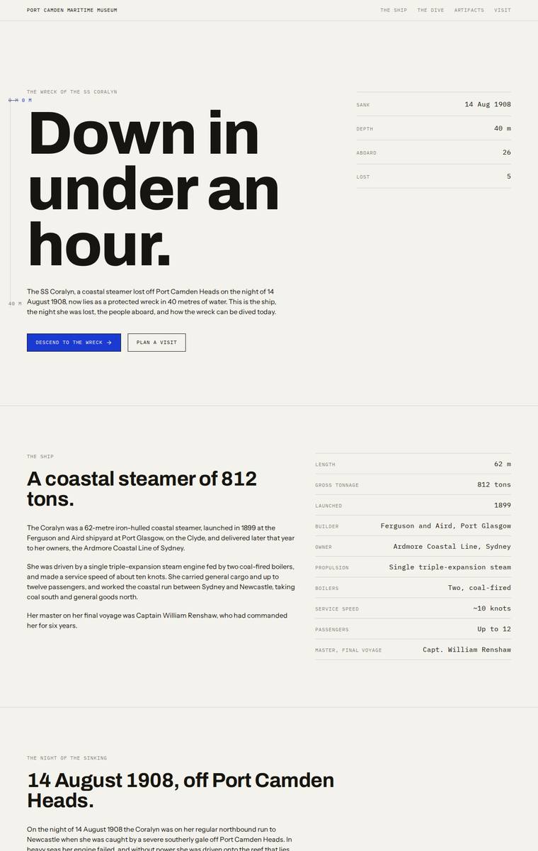 Ingrid Kessler (Opus 4.8) webdesign output - The Wreck of the Coralyn maritime museum microsite
