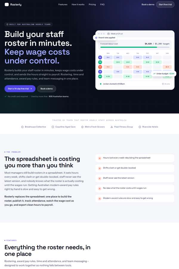 Opus 4.8 build of Rosterly workforce shift-scheduling SaaS marketing site