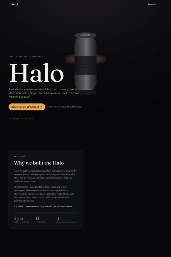 Opus 4.8 build of Aurel Halo immersive 3D product-launch microsite