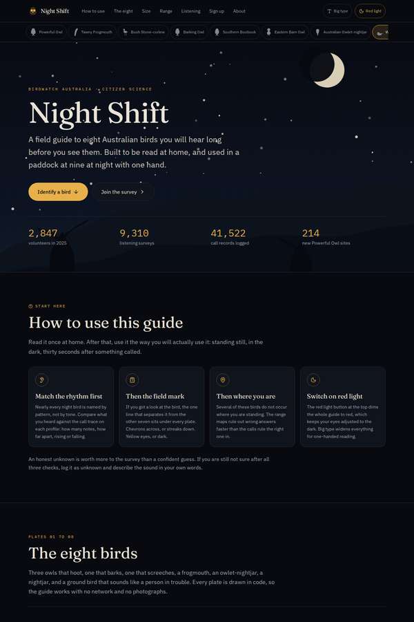 Opus 4.8 build of Night Shift nocturnal bird field guide