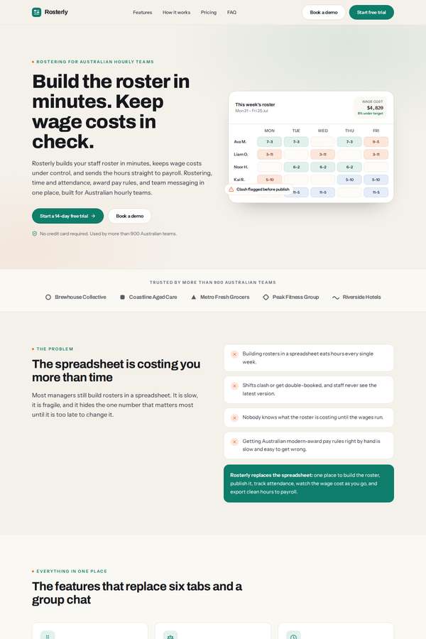 Opus 4.8 build of Rosterly workforce shift-scheduling SaaS marketing site