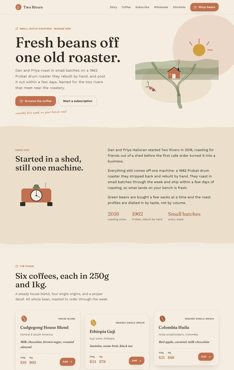 Noor El-Amin (Opus 4.8) webdesign output - Two Rivers Coffee Roasters single-page site
