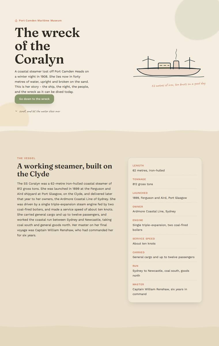 Noor El-Amin (Opus 4.8) webdesign output - The Wreck of the Coralyn maritime museum microsite
