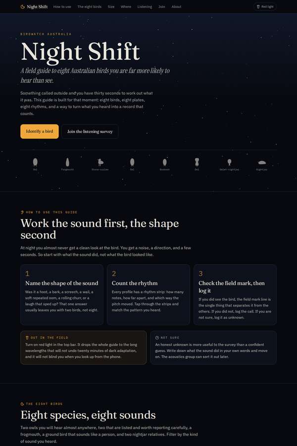 Opus 4.8 build of Night Shift nocturnal bird field guide