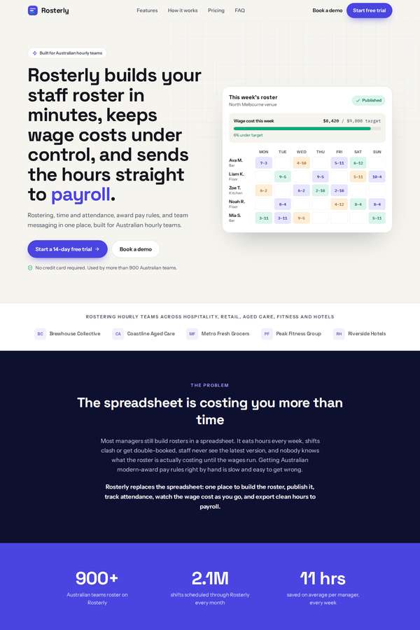 Opus 4.8 build of Rosterly workforce shift-scheduling SaaS marketing site